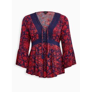 Torrid Boho Babydoll Crinkle Gauze Top Crochet Trim Lace Up Blue Red Floral 2X